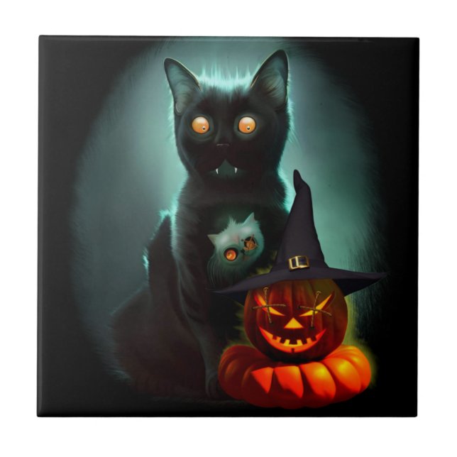 Vampire Cat and Wizard Pumpkin Halloween Surreal   Ceramic Tile (Front)