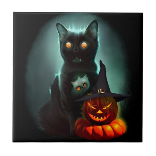 Vampire Cat and Wizard Pumpkin Halloween Surreal  Ceramic Tile