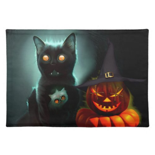 Vampire Cat and Wizard Pumpkin Halloween Surreal  Cloth Placemat