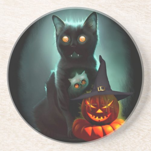 Vampire Cat and Wizard Pumpkin Halloween Surreal   Coaster