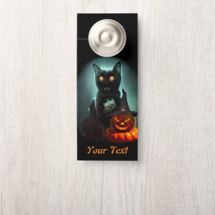 Vampire Cat and Wizard Pumpkin Halloween Surreal Door Hanger