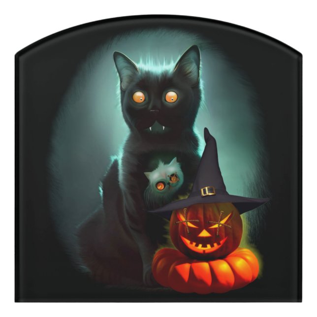 Vampire Cat and Wizard Pumpkin Halloween Surreal  Door Sign (Contour Front)