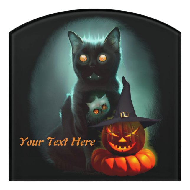 Vampire Cat and Wizard Pumpkin Halloween Surreal  Door Sign (Contour Front)