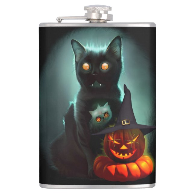 Vampire Cat and Wizard Pumpkin Halloween Surreal  Flask (Front)