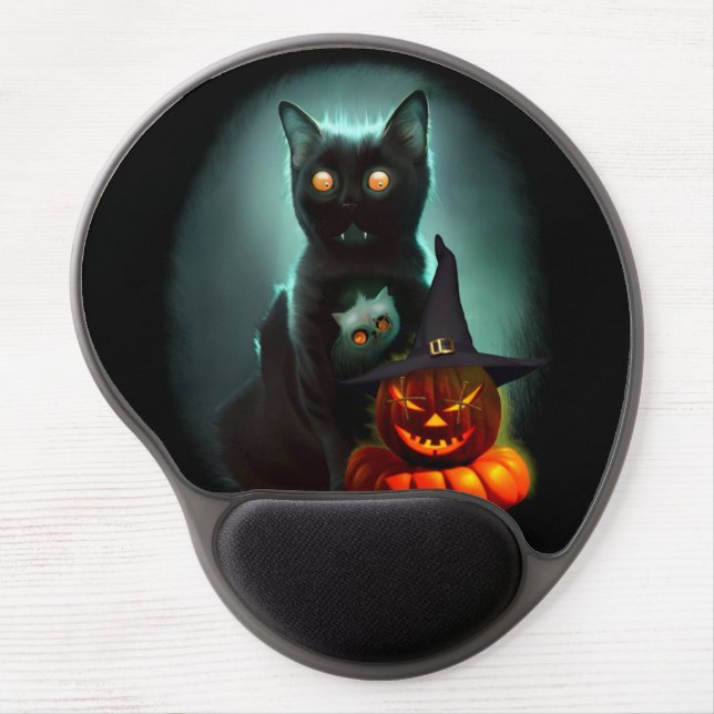 Vampire Cat and Wizard Pumpkin Halloween Surreal  Gel Mouse Pad (Front)