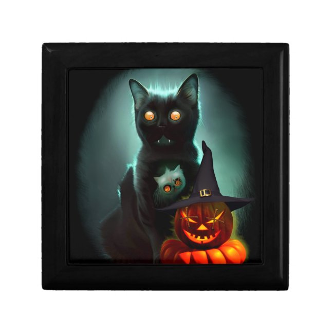 Vampire Cat and Wizard Pumpkin Halloween Surreal   Gift Box (Front)