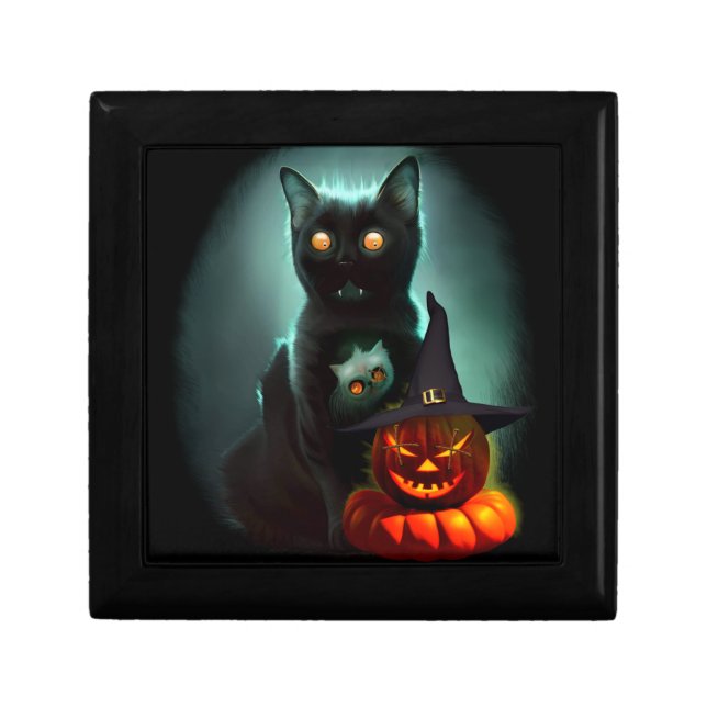 Vampire Cat and Wizard Pumpkin Halloween Surreal  Gift Box (Front)
