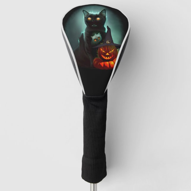 Vampire Cat and Wizard Pumpkin Halloween Surreal   Golf Head Cover (Front)