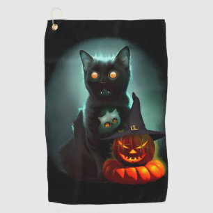 Vampire Cat and Wizard Pumpkin Halloween Surreal Golf Towel