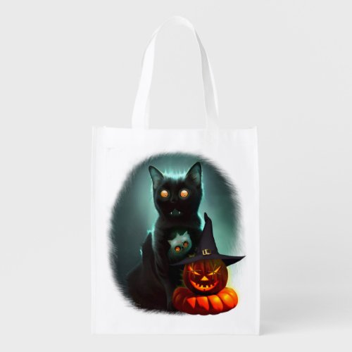 Vampire Cat and Wizard Pumpkin Halloween Surreal  Grocery Bag