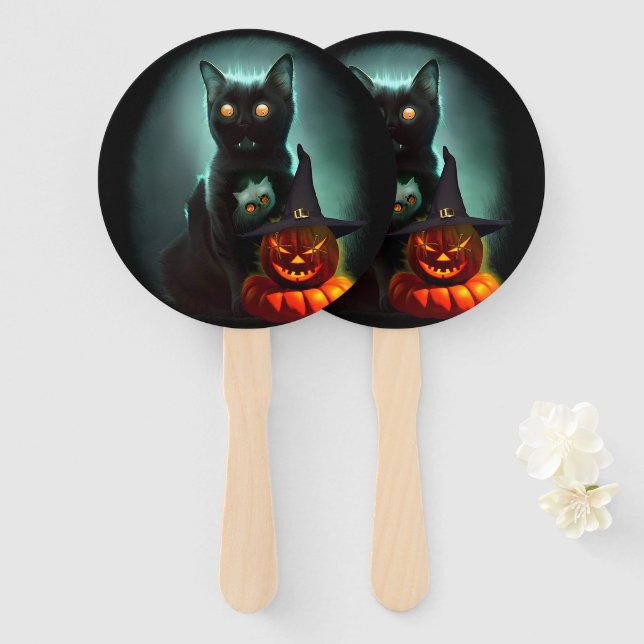 Vampire Cat and Wizard Pumpkin Halloween Surreal  Hand Fan (Front and Back)