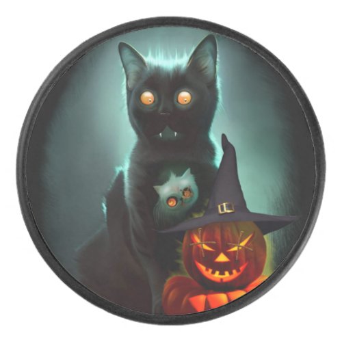 Vampire Cat and Wizard Pumpkin Halloween Surreal   Hockey Puck