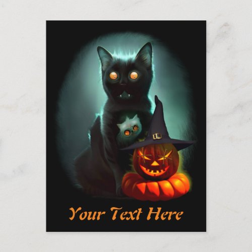 Vampire Cat and Wizard Pumpkin Halloween Surreal  Holiday Postcard