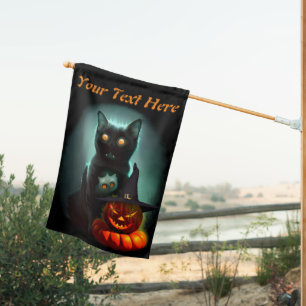 Vampire Cat and Wizard Pumpkin Halloween Surreal House Flag