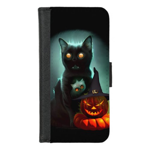 Vampire Cat and Wizard Pumpkin Halloween Surreal  iPhone 87 Wallet Case