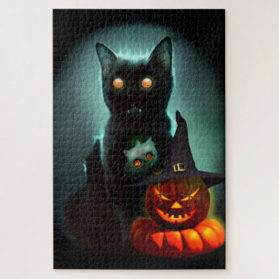 Vampire Cat and Wizard Pumpkin Halloween Surreal Jigsaw Puzzle