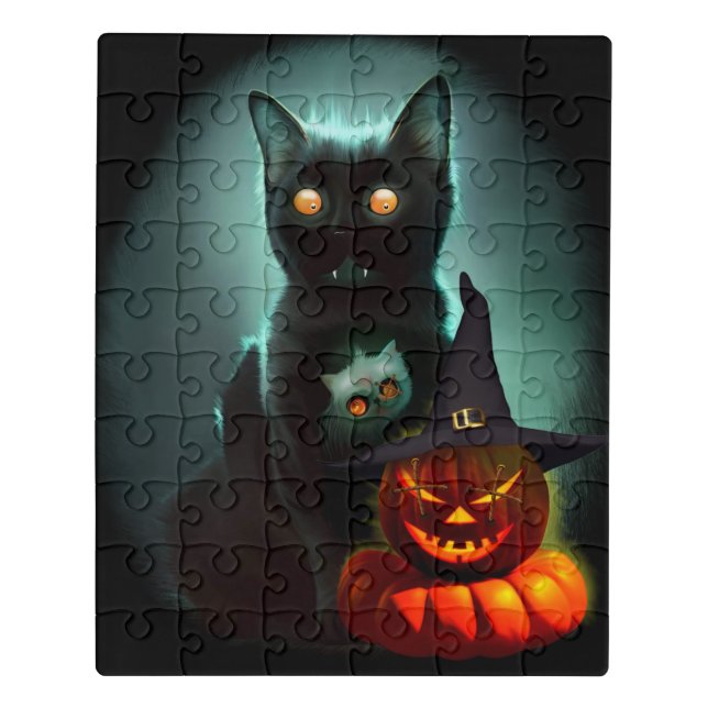 Vampire Cat and Wizard Pumpkin Halloween Surreal  Jigsaw Puzzle (Puzzle Vertical)