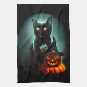 Vampire Cat and Wizard Pumpkin Halloween Surreal Kitchen Towel