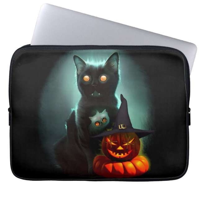 Vampire Cat and Wizard Pumpkin Halloween Surreal   Laptop Sleeve (Front)
