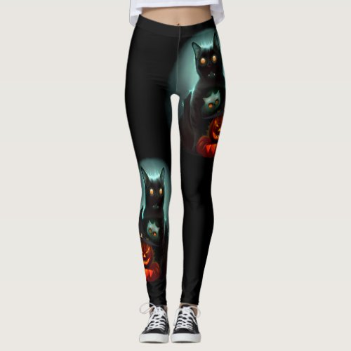 Vampire Cat and Wizard Pumpkin Halloween Surreal   Leggings