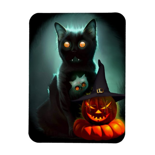 Vampire Cat and Wizard Pumpkin Halloween Surreal   Magnet (Vertical)