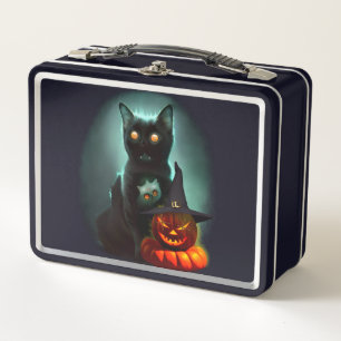 Vampire Cat and Wizard Pumpkin Halloween Surreal Metal Lunch Box