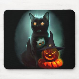 Vampire Cat and Wizard Pumpkin Halloween Surreal   Mouse Pad
