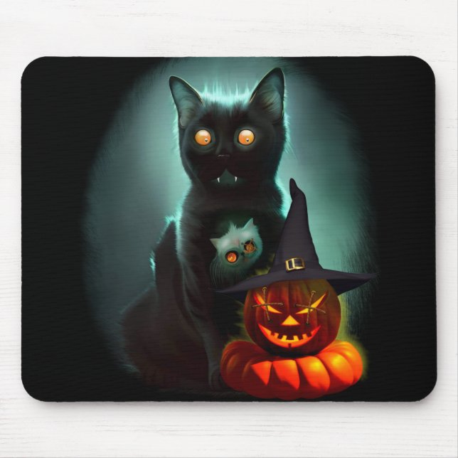 Vampire Cat and Wizard Pumpkin Halloween Surreal   Mouse Pad (Front)