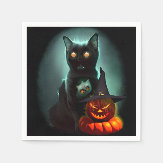 Vampire Cat and Wizard Pumpkin Halloween Surreal   Napkins (Front)