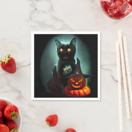 Vampire Cat and Wizard Pumpkin Halloween Surreal  Napkins