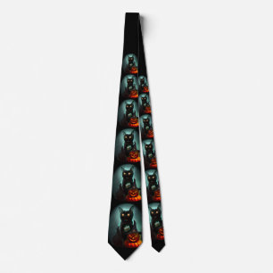 Vampire Cat and Wizard Pumpkin Halloween Surreal Neck Tie