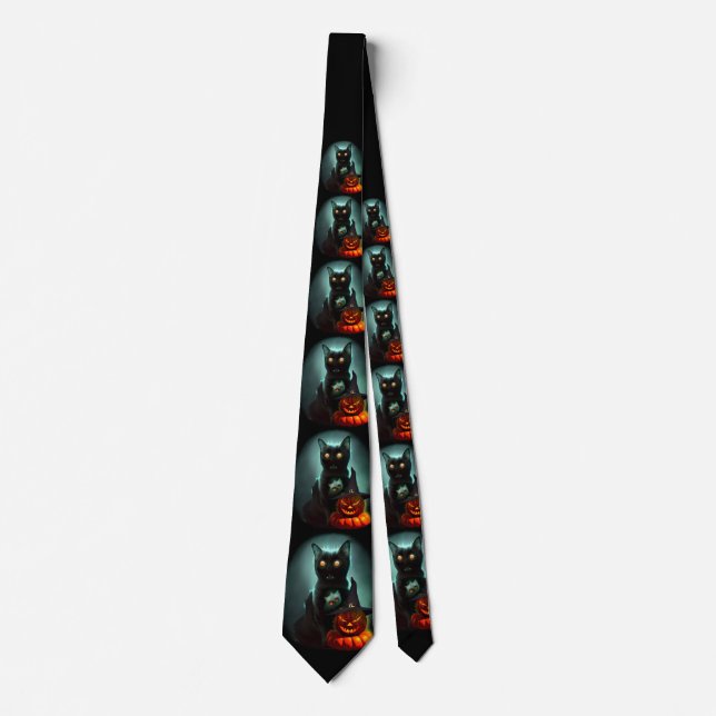 Vampire Cat and Wizard Pumpkin Halloween Surreal  Neck Tie (Front)