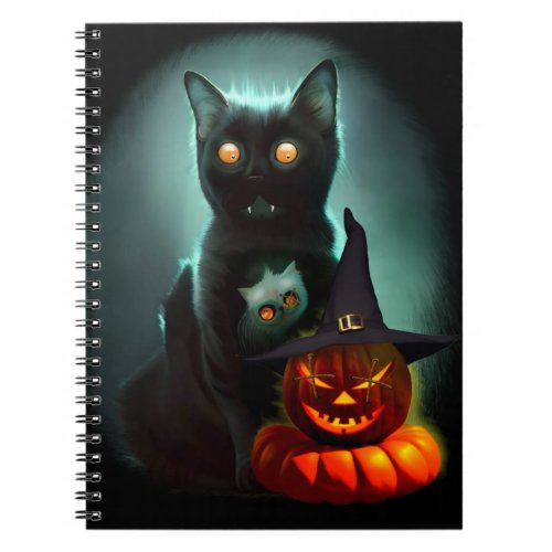 Vampire Cat and Wizard Pumpkin Halloween Surreal   Notebook