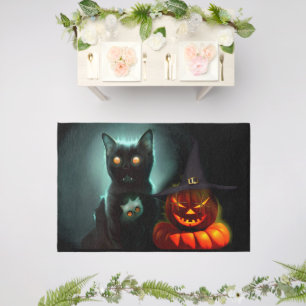 Vampire Cat and Wizard Pumpkin Halloween Surreal Outdoor Rug