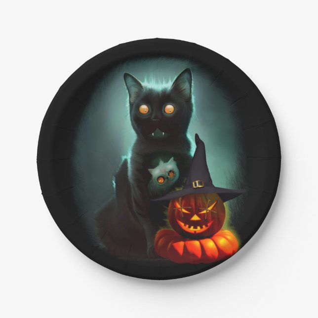 Vampire Cat and Wizard Pumpkin Halloween Surreal  Paper Plates (Front)