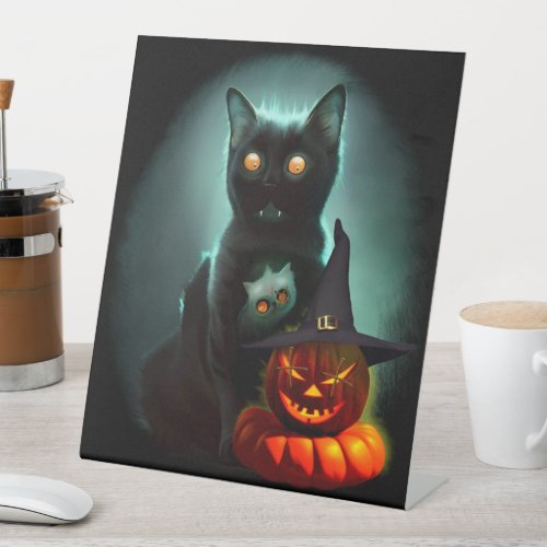 Vampire Cat and Wizard Pumpkin Halloween Surreal  Pedestal Sign