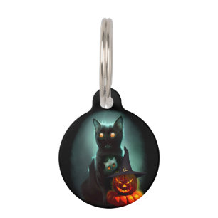Vampire Cat and Wizard Pumpkin Halloween Surreal Pet ID Tag