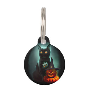 Vampire Cat and Wizard Pumpkin Halloween Surreal Pet ID Tag