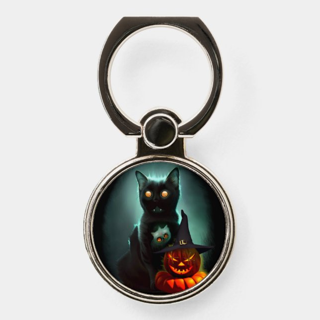 Vampire Cat and Wizard Pumpkin Halloween Surreal   Phone Ring Stand (Front)