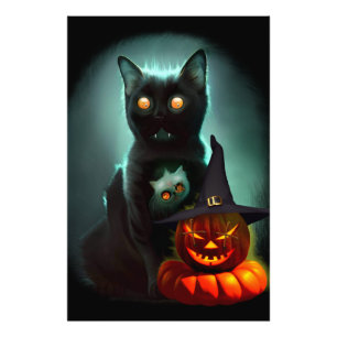 Vampire Cat and Wizard Pumpkin Halloween Surreal Photo Print