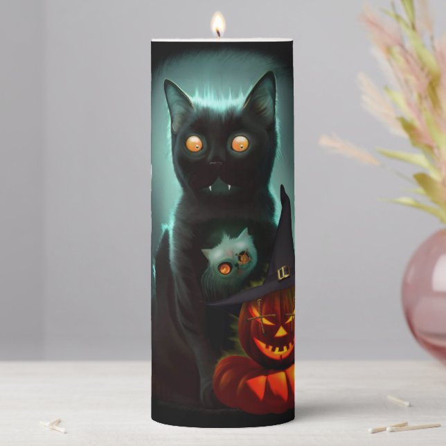 Vampire Cat and Wizard Pumpkin Halloween Surreal  Pillar Candle (In Situ)