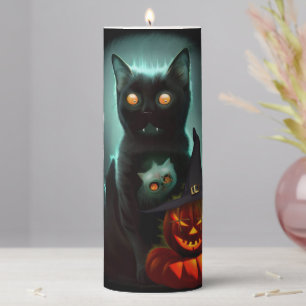 Vampire Cat and Wizard Pumpkin Halloween Surreal   Pillar Candle