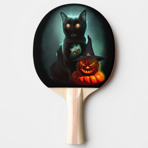 Vampire Cat and Wizard Pumpkin Halloween Surreal  Ping Pong Paddle