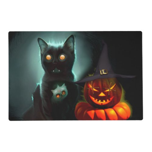 Vampire Cat and Wizard Pumpkin Halloween Surreal  Placemat