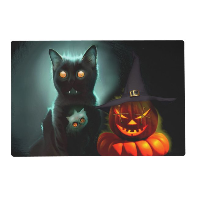 Vampire Cat and Wizard Pumpkin Halloween Surreal  Placemat (Front)
