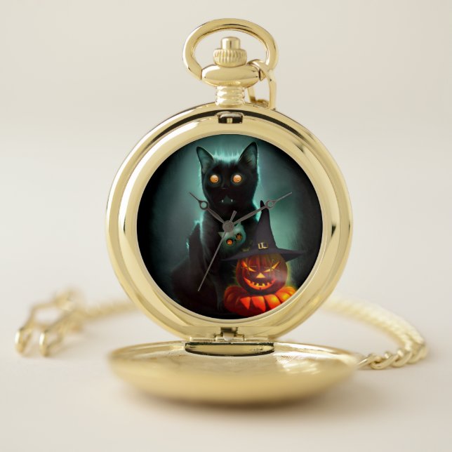 Vampire Cat and Wizard Pumpkin Halloween Surreal   Pocket Watch (Inside)