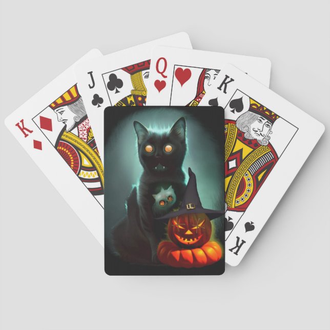 Vampire Cat and Wizard Pumpkin Halloween Surreal   Poker Cards (Back)