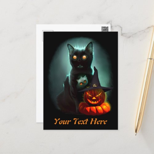 Vampire Cat and Wizard Pumpkin Halloween Surreal  Postcard