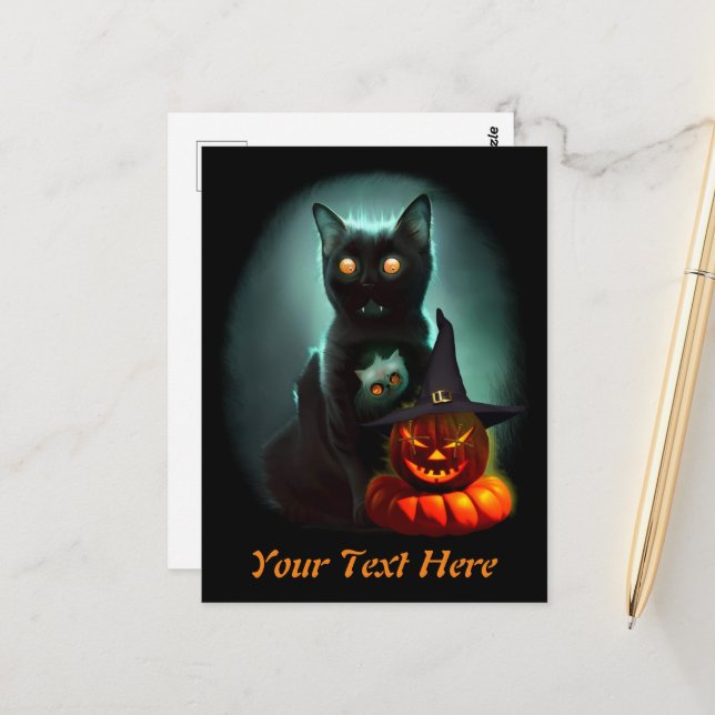 Vampire Cat and Wizard Pumpkin Halloween Surreal  Postcard (Front/Back In Situ)