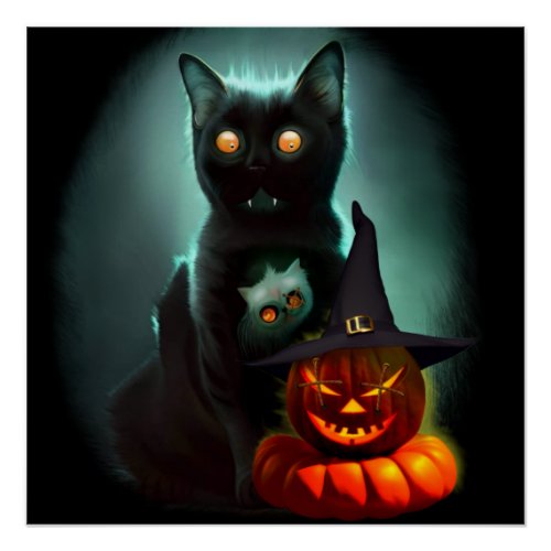 Vampire Cat and Wizard Pumpkin Halloween Surreal  Poster